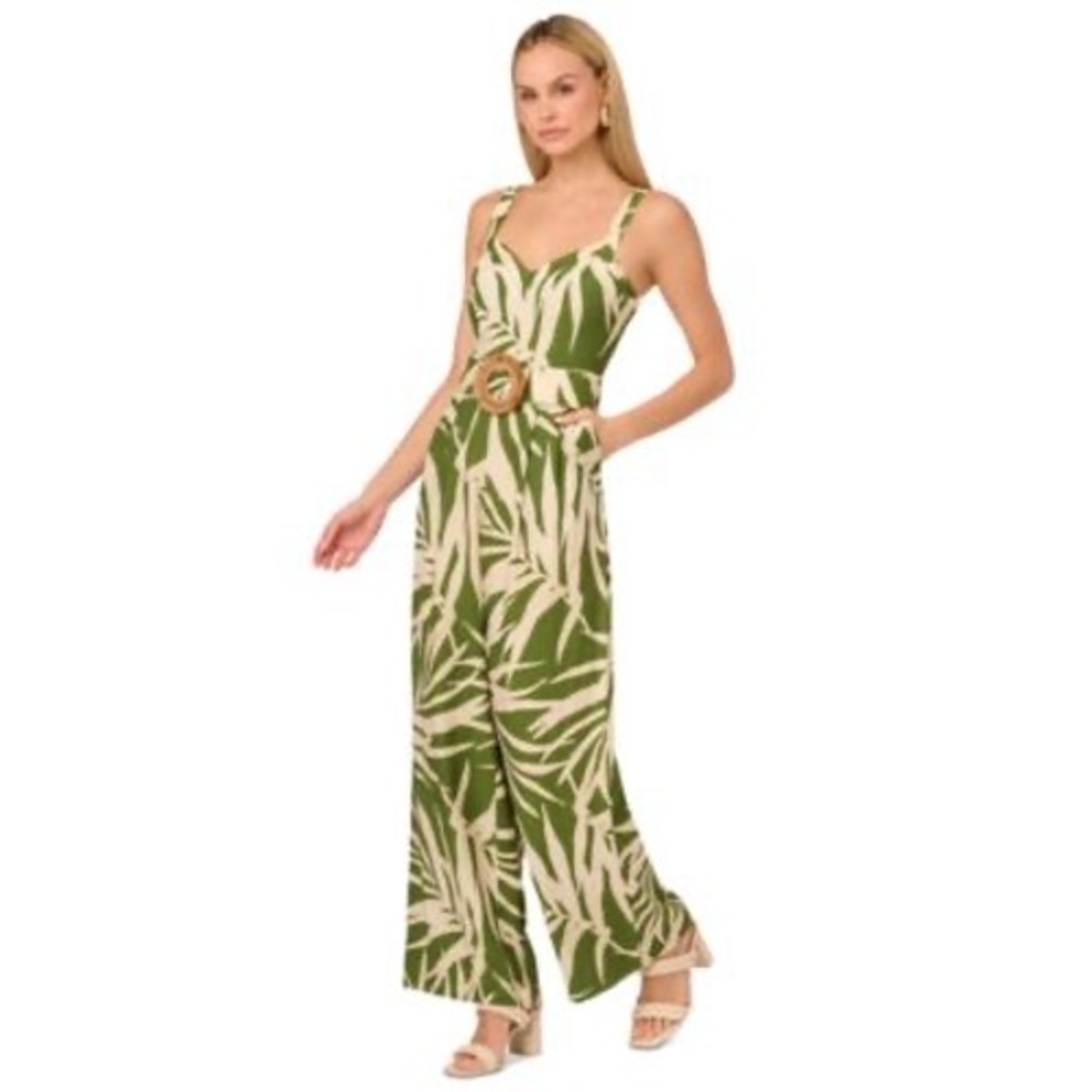 Adrianna Papell Green Tropical Palm Print Wide Leg Jumpsuit Belted Size 16
